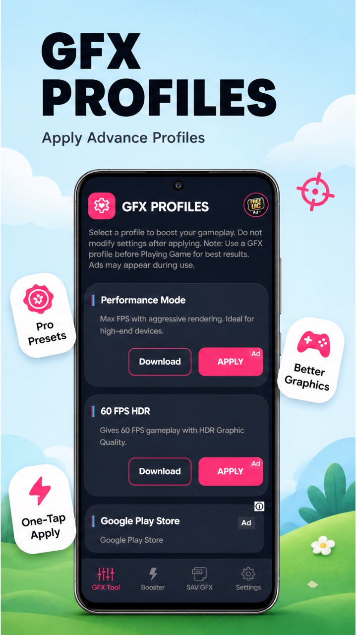 GFX Profiles screen listing Performance Mode for maximum FPS and 60 FPS HDR, each with a Download and an Apply button