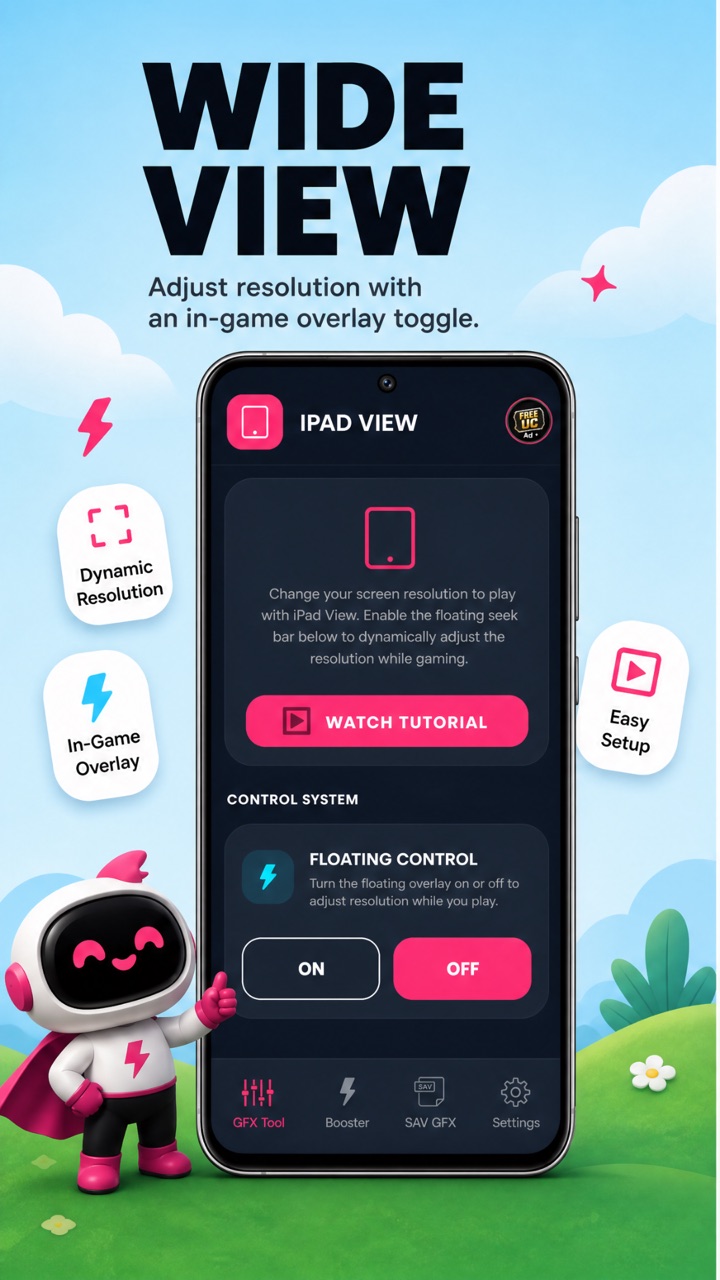 iPad View screen explaining how to change screen resolution for a wider view, with a floating control that can be toggled on or off during a match